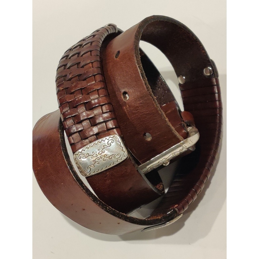 Fossil Belt Size 30 Women Brown Genuine 1" Western Leather Braided Silver Concho